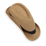 Natural beige Wallaroo Justin packable hat with wide brim and adjustable chin strap, lightweight and foldable for travel.