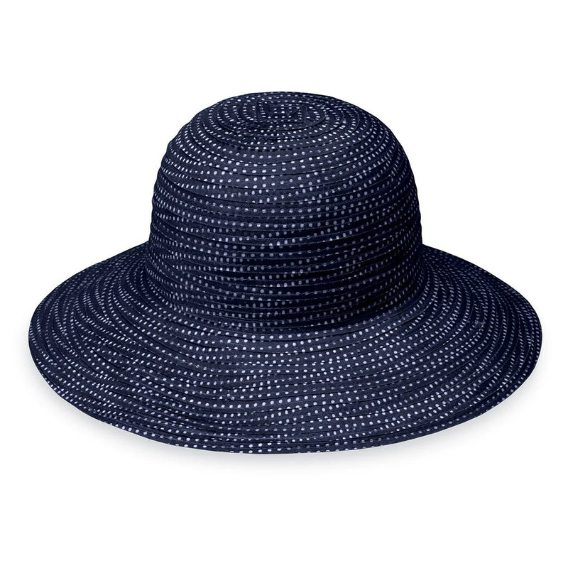 Navy and white petite packable UPF 50+ hat by Wallaroo Hat Company with a scrunchie detail, designed for sun protection and style.