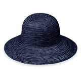 Navy and white petite packable UPF 50+ hat by Wallaroo Hat Company with a scrunchie detail, designed for sun protection and style.