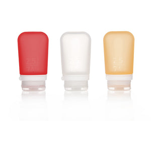 Medium silicone travel bottles from Humangear's GoToob+ set, designed for convenient, leak-proof on-the-go liquid storage.