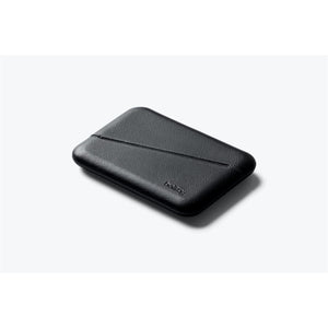 Black Bellroy Flip Case wallet with multiple card slots and sleek design, shown open with cards inside.