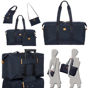 Blue Bric's X-Collection 22-inch folding duffle bag with handles and zip closure, displayed in a product bundle image.