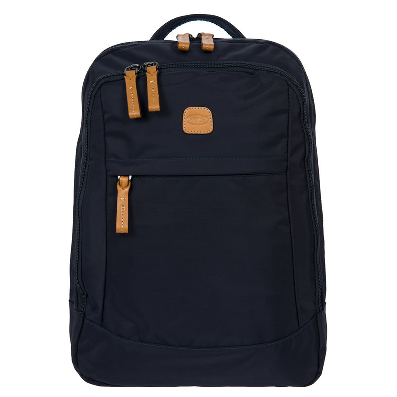 Bric's Metro backpack in black with multiple compartments and adjustable straps, designed for travel and daily use.