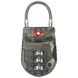 Black Briggs & Riley TSA cable luggage lock with keyhole and cable for secure travel accessories.