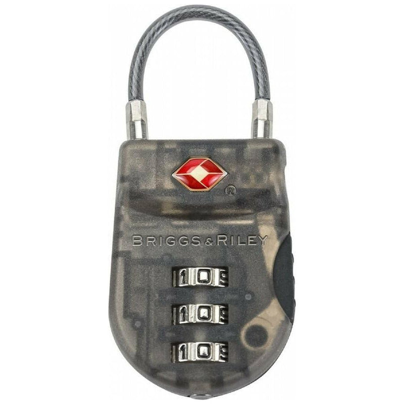 Black Briggs & Riley TSA cable luggage lock with keyhole and cable for secure travel accessories.