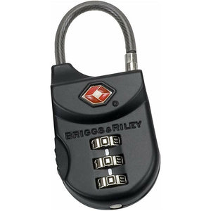 Black Briggs & Riley TSA cable luggage lock with keyless combination, designed for secure travel accessories.