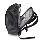 Briggs & Riley ZDX cargo backpack with multiple compartments, padded shoulder straps, and durable black fabric.
