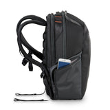 Briggs & Riley ZDX cargo backpack with multiple compartments, padded straps, and sleek black design for travel and daily use.