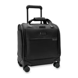 Briggs & Riley Baseline cabin spinner carry-on luggage in blue with four wheels and telescopic handle for easy travel.
