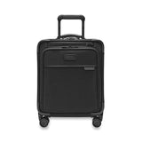 Blue Briggs & Riley Baseline compact carry-on spinner luggage with four wheels and telescoping handle.