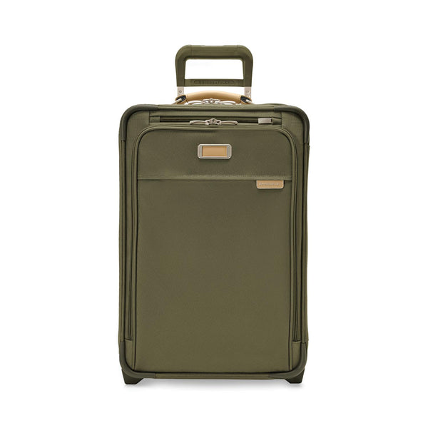 Briggs & Riley Baseline Essential 2-Wheel Carry-On luggage in blue with four spinner wheels and a durable hard shell design.