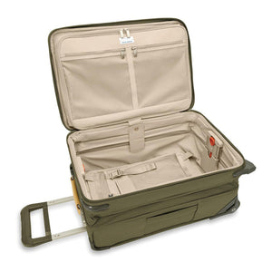 Blue Briggs & Riley Baseline Essential 2-Wheel Carry-On Luggage with telescoping handle and durable exterior.