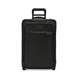 Briggs & Riley Baseline Essential 2-Wheel Carry-On luggage in blue with a hard shell and telescoping handle, ready for travel.