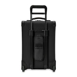 Briggs & Riley Baseline Essential 2-Wheel Carry-On luggage in blue with retractable handle and spinner wheels for easy travel.