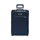 Briggs & Riley Baseline Essential 2-Wheel Carry-On luggage in blue with telescoping handle and four spinner wheels, front zip pocket.