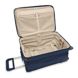 Briggs & Riley Baseline Essential 2-Wheel Carry-On luggage in blue with telescopic handle and spinner wheels for travel.