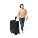 Briggs & Riley Baseline large expandable checked luggage spinner in blue with four wheels and built-in security features.