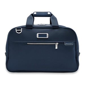 Briggs & Riley Baseline Executive Travel Duffle bag in black with leather handles and zippered compartments.