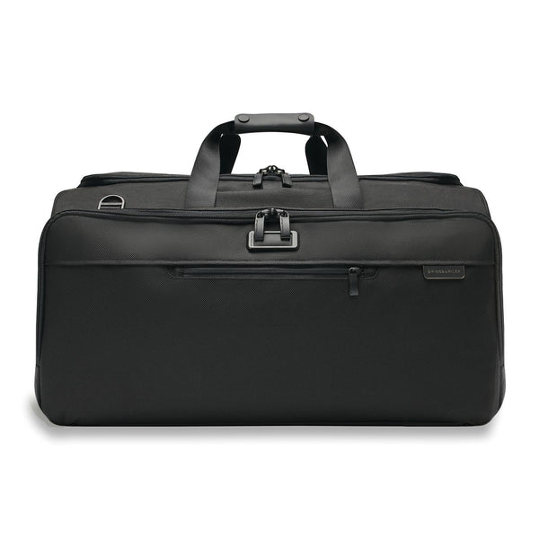 Briggs & Riley Baseline Garment Duffle bag with durable fabric, leather accents, and a spacious design for travel storage.