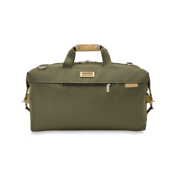Briggs & Riley Baseline Weekender Duffle bag in black, showing durable fabric and spacious design for travel and weekend trips.