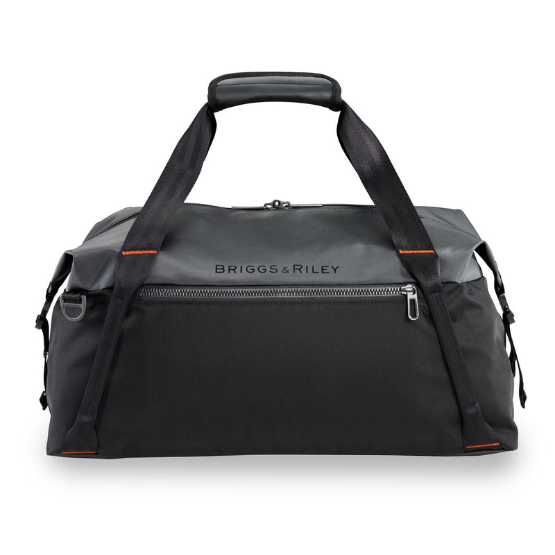 Briggs & Riley ZDX cargo satchel duffle with multiple compartments, black nylon exterior, and sturdy handles.