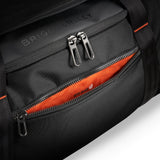 Briggs & Riley ZDX large travel duffle bag with RFID protection, black nylon fabric, multiple handles, and spacious main compartment.