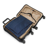 Briggs & Riley Torq domestic carry-on spinner with garment compartment, black hard-shell, four-wheel spinner luggage.