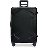 Briggs & Riley Torq medium spinner luggage in stealth black with four wheels and telescoping handle for easy travel.
