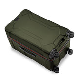 Briggs & Riley Torq medium trunk spinner suitcase in stealth black with four durable wheels and a sleek, hard-shell design.