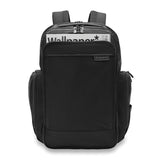 Briggs & Riley Baseline Traveler Backpack in black with multiple compartments and padded shoulder straps for travel comfort.