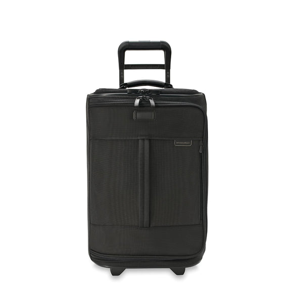 Briggs & Riley Baseline Global 2-Wheel Carry-On Duffle in blue with padded handle and wheels for easy travel.