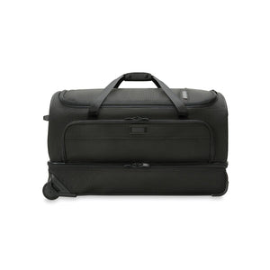 Briggs & Riley Baseline medium two-wheel duffle bag with blue fabric, zipper closure, and handle for travel and storage.
