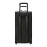 Briggs & Riley Baseline medium two-wheel duffle bag in blue, showing its sturdy wheels and spacious design for travel.