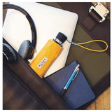 Yellow Davek Mini Umbrella open with compact black carrying bag, showcasing its small, portable design and sturdy construction.