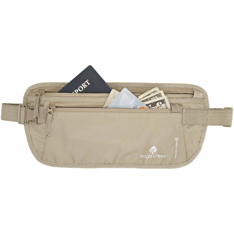 Eagle Creek RFID Blocker Money Belt DLX, a sleek black travel accessory with RFID security and multiple compartments for valuables.