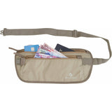 Eagle Creek RFID Blocker Money Belt DLX lying flat, showing black nylon fabric with RFID shielding features and adjustable strap.