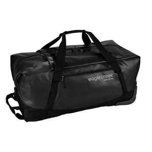 Eagle Creek Migrate Wheeled Duffel 110L in black with sturdy wheels and carrying handles, designed for durable travel and packing.