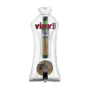 Ellessco VinniBag inflatable travel wine bag with clear plastic exterior and secure closure for carrying wine bottles on trips.