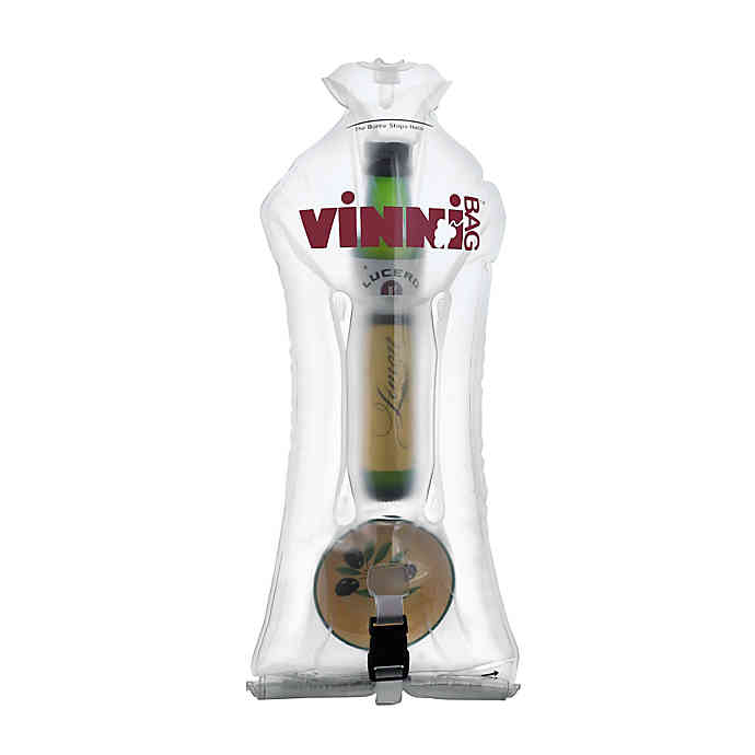 Ellessco VinniBag inflatable travel wine bag with clear plastic exterior and secure closure for carrying wine bottles on trips.
