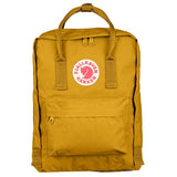 Fjallraven Kanken backpack in classic design with top handle and shoulder straps, featuring a large front zipper pocket.
