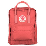 Fjallraven Kanken backpack in frost green with top handles, front zip pocket, adjustable shoulder straps, and logo patch.