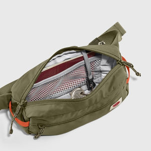 Green Fjallraven High Coast Hip Pack showing adjustable waist strap and compact design for outdoor activities.