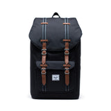 Herschel Little America backpack in black with leather straps and drawstring closure, stylish and functional for everyday use.