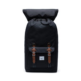 Herschel Little America Backpack in black with padded shoulder straps, front pocket, and signature logo on the flap.