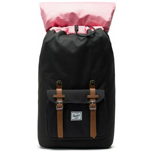 Herschel Little America backpack with padded shoulder straps and front pocket, in black with Herschel logo details.