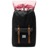 Herschel Little America backpack with padded shoulder straps and front pocket, in black with Herschel logo details.