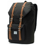 Herschel Little America backpack with tan straps and logo, featuring a spacious main compartment and padded shoulder straps.