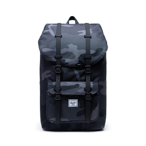 Herschel Little America backpack in night camo with adjustable straps and front pocket, stylish and functional for everyday use.