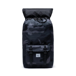 Herschel Little America backpack in Night Camo with adjustable straps and front pocket, shown on a plain background