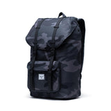 Herschel Little America backpack in night camo print, featuring adjustable straps and front pocket, outdoor-ready backpack design.